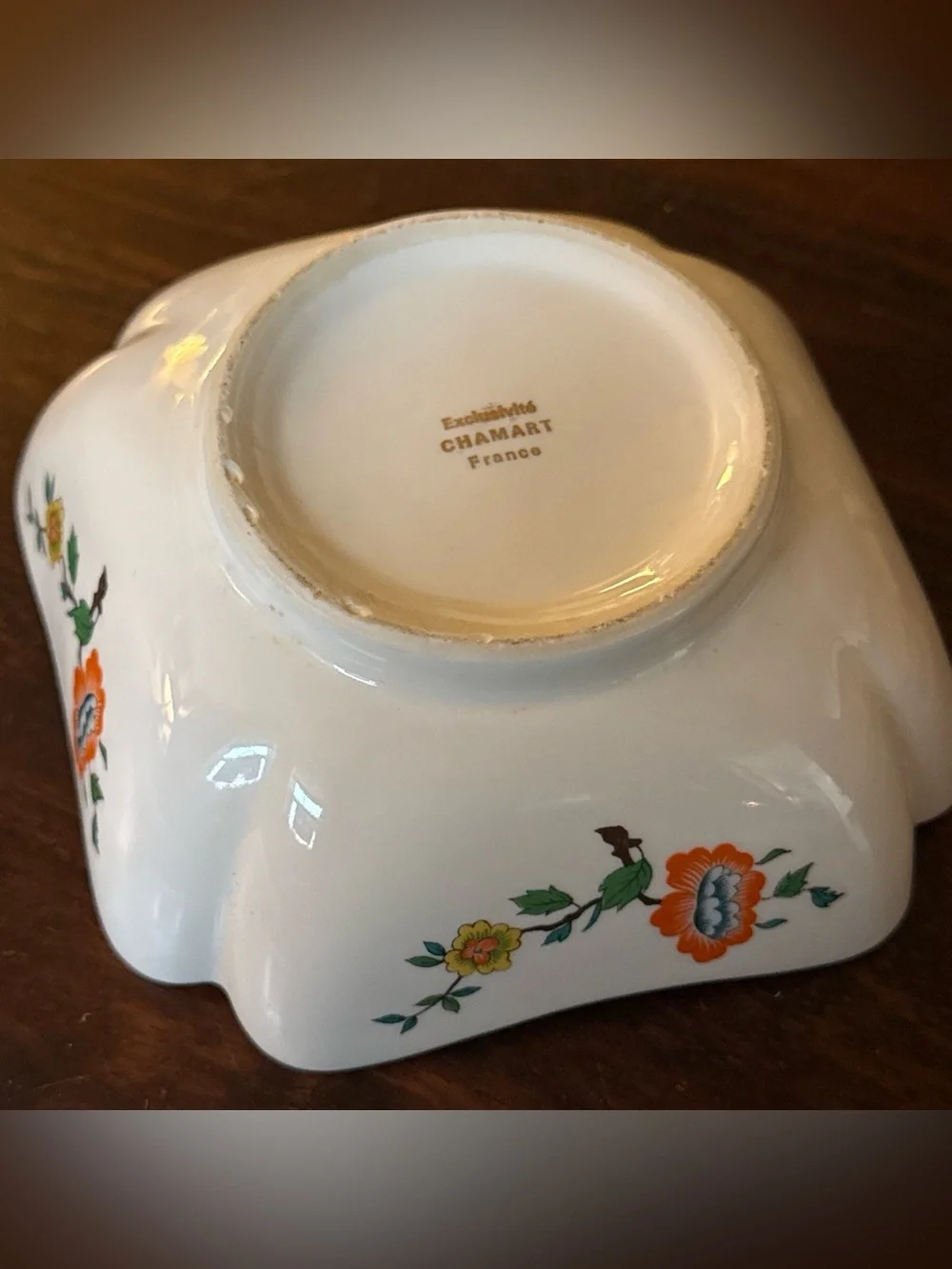 Vintage Chamart Limoges Floral Ceramic Bowl in White with Orange & Yellow Flower